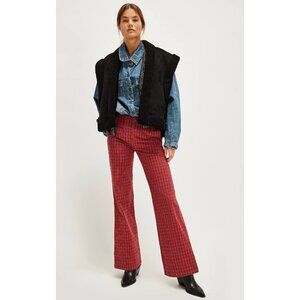 Free People Sofia Wide Leg Flare Pants Red Plaid Side Zip Trouser NWOT Size 2
